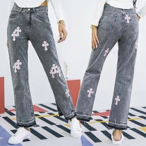 Fashion High Waist Cross Pattern Straight-leg Jeans