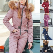 Fashion Faux Fur Spliced Hooded High Waist Slim Fit Solid Color Jumpsuit