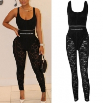 Sexy Hollow Out Spliced Sleeveless ROund Neck High Waist Tight Jumpsuit