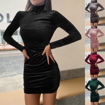 Simple Style Long Sleeve Mock Neck Solid Color Slim Fit Bottoming Dress