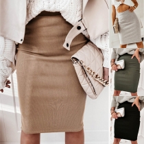 Fashion Solid Color High Waist Slim Fit Knit Skirt