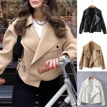 Fashion Solid Color Long Sleeve Lapel PU Leather Jacket