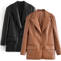 OL Style Long Sleeve Notched Lapel Slim Fit PU Leather Blazer Coat