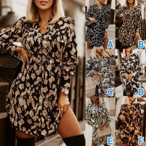 OL Style Long Sleeve Stand Collar Printed Shirt Dress with Waist Strap