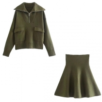 Retro Style Long Sleeve Lapel Front-pocket Knit Top + High Waist A-line Skirt Two-piece Set