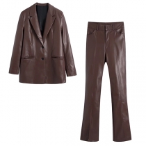 OL Style Solid Color Slim Fit PU Leather Blazer + High Waist Slit Hem Pants Two-piece Set