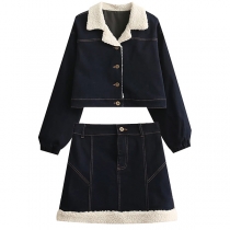 Fashion Long Sleeve Plush Lining Denim Coat + High Waist Skirt Two-piece Set