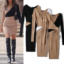 Sexy Crossover V-neck Long Sleeve Contrast Color Slim Fit Knit Dress