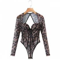 Sexy Backless Square Collar Long Sleeve Leopard Printed Bodysuit