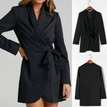 OL Style Notched Lapel Long Sleeve Solid Color Lace-up Suit Dress