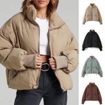 Fashion Solid Color Stand Collar Front-zipper Warm Padded Coat