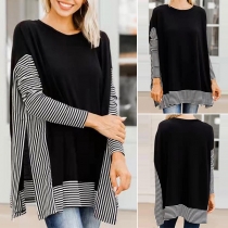 Fashion Striped Spliced Long Sleeve Round Neck Loose T-shirt