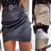 Fashion High Waist Irregular Hem Slim Fit PU Leather Skirt with Waistband