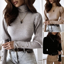 Simple Style Long Sleeve Turtleneck Solid Color Slim Fit Knit Top