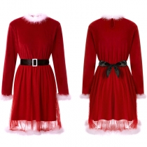 Fashion Gauze Spliced Long Sleeve Round Neck Red Christmas Dress
