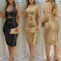 Sexy Backless Deep V-neck High Waist Slim Fit Halter Dress
