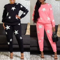 Casual Style Star Printed Long Sleeve Round Neck Sweatshirt + Pants Two-piece Set
