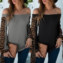 Sexy Off-shoulder Boat Neck Leopard Spliced Lace-up Long Sleeve Knit Top