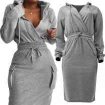 Sexy V-neck Long Sleeve Elastic High Waist Front-pocket Hooded Sweatshirt Dress