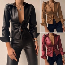 Fashion Solid Color Long Sleeve POLO Collar Slim Fit PU Leather Shirt