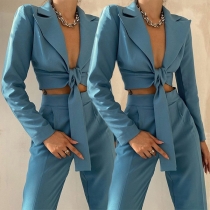 Sexy Knotted Lapel Long Sleeve Crop Top + High Waist Pants Two-piece Set