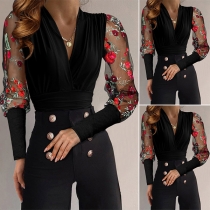 Sexy Gauze Embroidered Spliced Long Sleeve V-neck Top