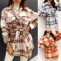 Fashion Long Sleeve POLO Collar Single-breasted Duffle Plaid Coat with Waist Strap