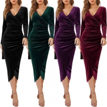 Women's Elegant Velvet Long Sleeve Wrap V Neck Ruched Bodycon Cocktail Party Sheath Dress
