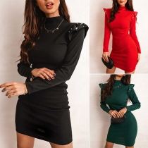 Sweet Style Pearl Ruffle Long Sleeve Mock Neck Solid Color Slim Fit Dress
