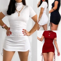 Fashion Solid Color Long Sleeve Mock Neck Side-drawstring Knit Dress