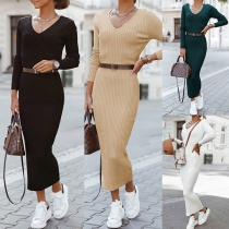 Simple Style Long Sleeve V-neck Solid Color Slim Fit Knit Dress