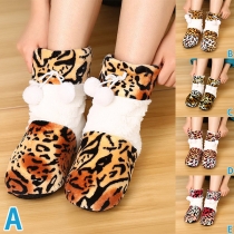 Cute Hairball Spliced Leopard Printed Home-wear Floor Shoes