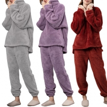 Fashion Solid Color Long Sleeve Lapel Coral Fleece Top + Pants Home-wear Set
