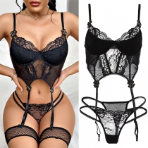 Sexy See-through Lace Spliced Solid Color Lingerie Set