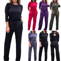 Fashion Solid Color 3/4 Long Sleeve Round Neck Drawstring Waist Jumpsuit