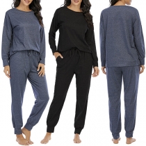 Fashion Solid Color Long Sleeve Round Neck Top +Pants Home-wear Set