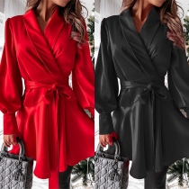 OL Style Lantern Sleeve Notched Lapel Solid Color Shirt Dress with Waist Strap