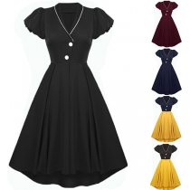 Retro Style Puff Sleeve V-neck High Waist Dovetail Dress