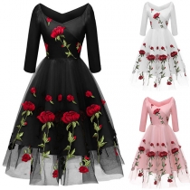 Sexy V-neck 3/4 Sleeve Rose Embroidered Gauze Spliced Party Dress