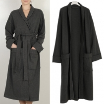 Fashion Solid Color Long Sleeve Front-pocket Couple Robe with Waist Strap