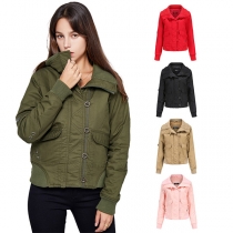 Fashion Solid Color Long Sleeve High Collar Front-pocket Jacket