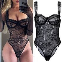 Sexy Backless Square Collar See-through Lace Sling Bodysuit Lingerie