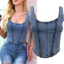 Chic Style Sleeveless U-neck Front-zipper Denim Crop Top