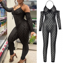 Sexy Backless Off-shoulder Long Sleeve Slim Fit Halter Jumpsuit