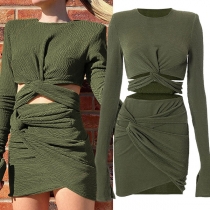 Sexy Long Sleeve Twisted Hem Solid Color Crop Top + Skirt Two-piece Set
