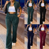 Fashion Solid Color Short Sleeve POLO Collar Top + High Waist Pants Two-piece Set