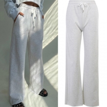 Casual Style Elastic Waist Solid Color Wide-leg Pants