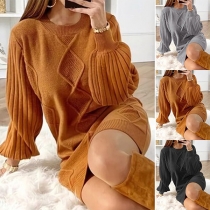 Fashion Solid Color Lantern Sleeve Round Neck Knit Dress