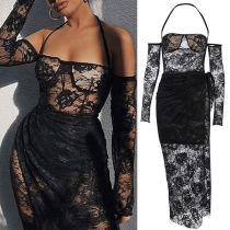 Sexy Backless See-through Lace Spliced Slim Fit Halter Dress