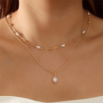 Fashion Pearl Pendant Gold-tone Dual-layer Necklace